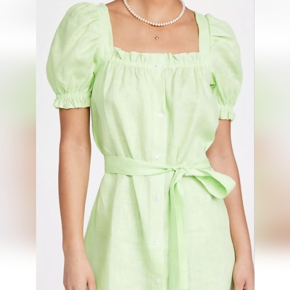 SLEEPER DRESS BRIGETTE GREEN LINEN BELT PUFF SLEEVES MIDI  SMALL - Picture 3 of 16